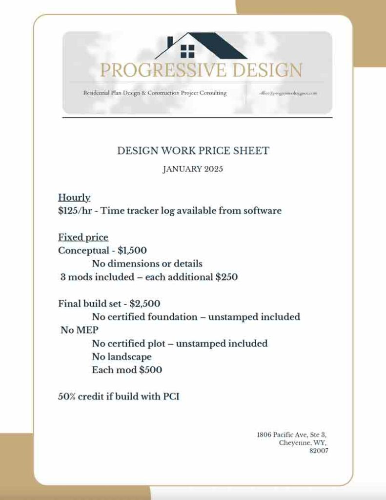 architectural design service price sheet